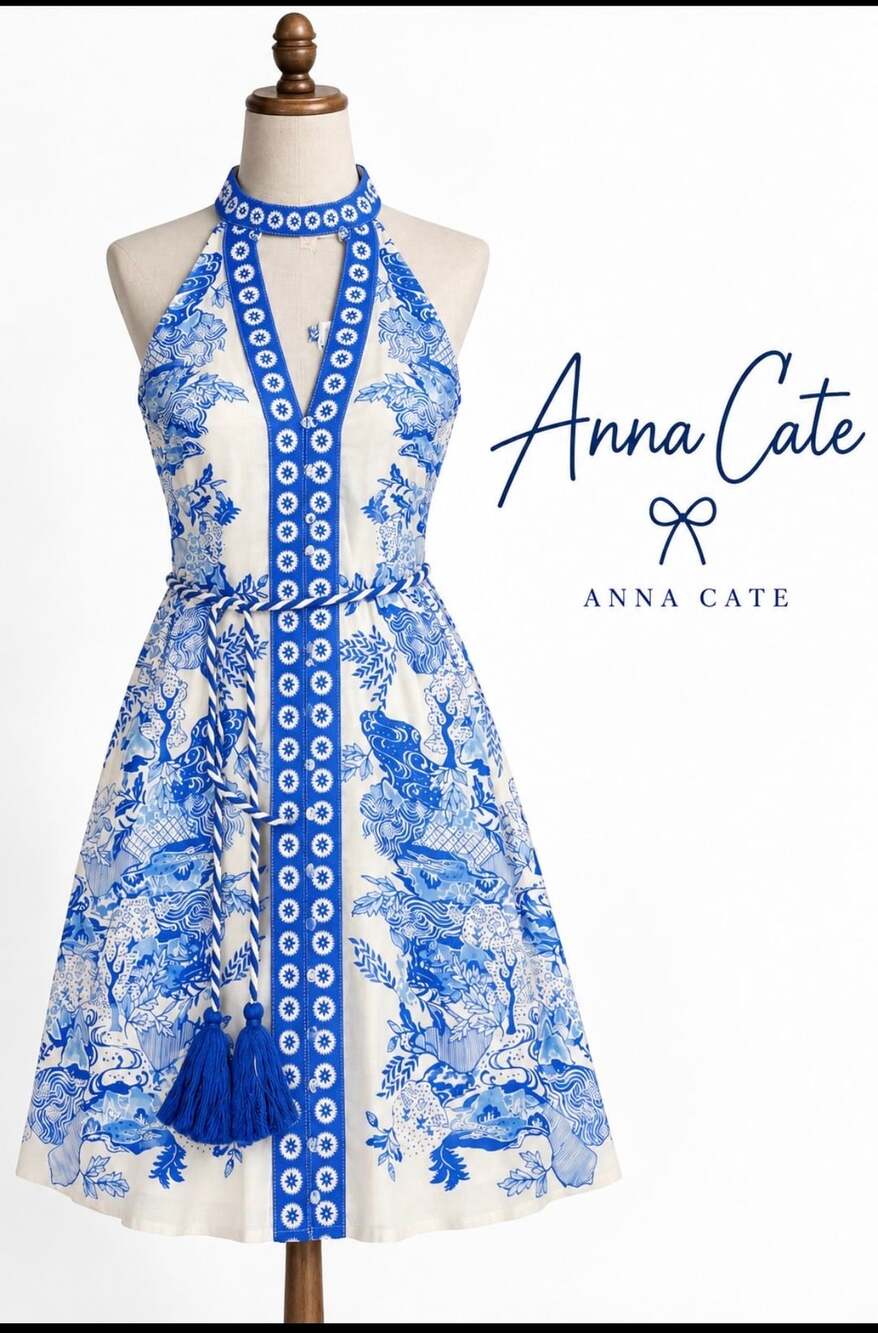 Anna Cate Blue White Halter Mini Dress Tassel Belt Extra Small NWT